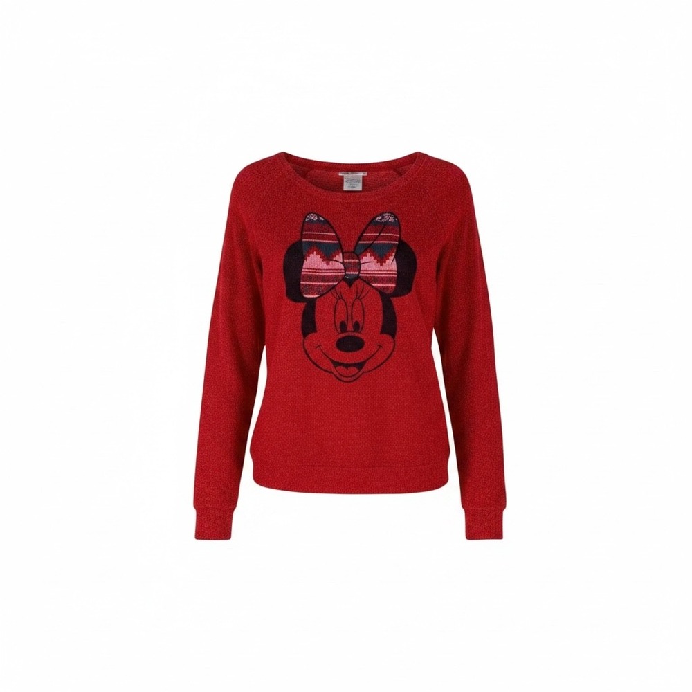 Disney Parks Minnie Mouse Red Fair Isle Bow Shimmer Pullover Sweatshirt L